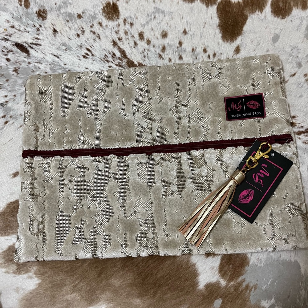 Makeup Junkie Size Large Beige Textured Clutch with Tassel